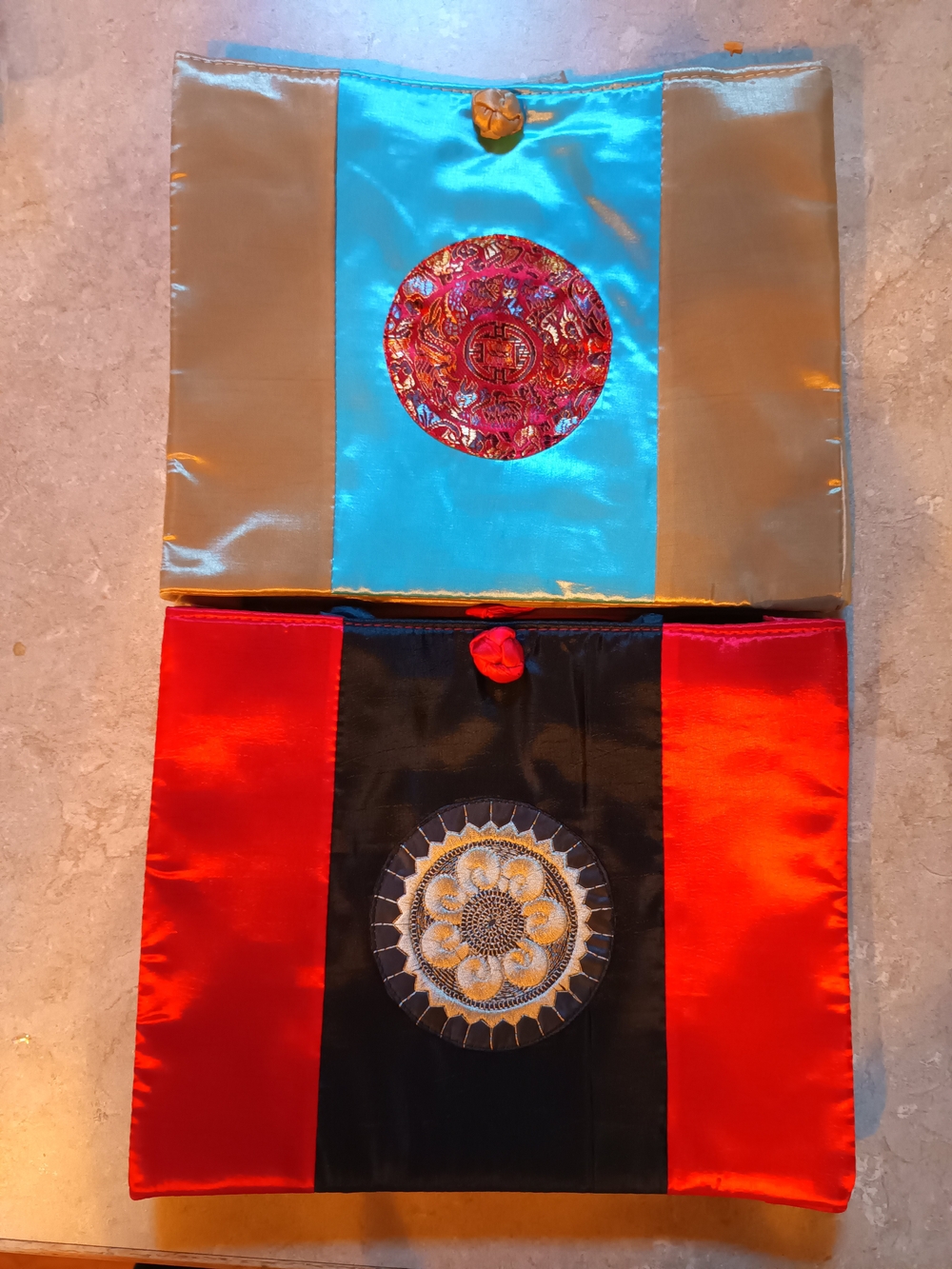 Source Unknown Satin Satchel Duo in Turquoise, Gold, Black and Red